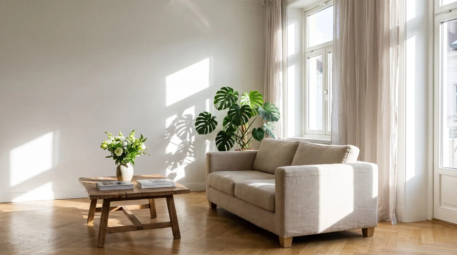Helles, aufgeräumtes Wohnzimmer mit Parkettboden – vorbereitet wie beim Home Staging (KI-generiertes Symbolbild)